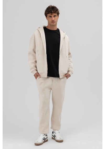Vamos Basic Fermuarlı Oversize Kapüşonlu Sweatshirt Taş