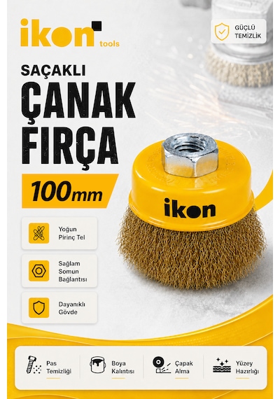 İkon Tools Saçaklı Çanak Fırça 100 Mm Çelik Tel Bakır Kaplama M14 Spiral Taşlama Uyumlu Pas Boya Temizleme