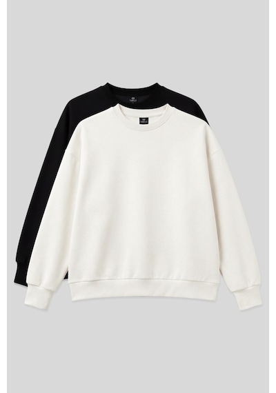 Basic Oversıze O Yaka 2li Paket Siyah-ekru Kadın Sweatshirt - 97053 Siyah-ekru