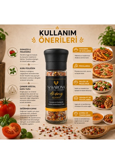 Novarona Domates&Fesleğenli Çankırı Kristal Kaya Tuzu - Değirmen Kapaklı Cam Şişe - Rezerve SerisiDomates&Fesleğenli Çankırı Kristal Kaya Tuzu - Değirmen Kapaklı Cam Şişe - Rezerve Serisi