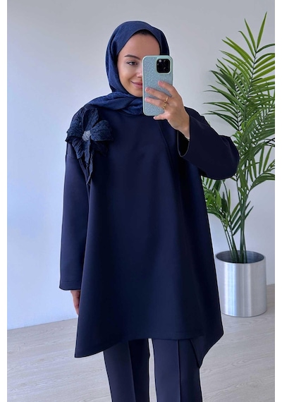 Kahijab Çiçekli Asimetrik Kesim Scuba Takım - Lacivert Lacivert
