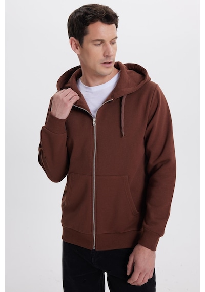 Tudors Unisex Relax Fit Rahat Kesim Pamuklu İçi Polarlı Çift Cepli Tam Fermuarlı Kahverengi Kapüşonlu Sweatshirt-41654 Kahverengi