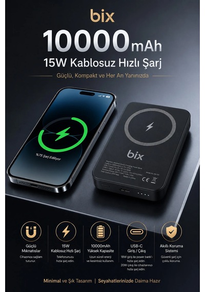 Exenar - Siyah - İphone İle Uyumlu Magsafe Powerbank Kablosuz 15w Hızlı Şarj 20w Usb-c Hızlı Şarj Qi