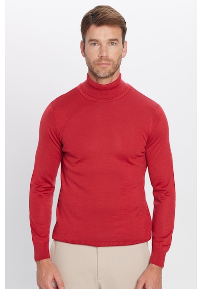 Tudors Erkek Slim Fit Dar Kesim Tam Boğazlı Yaka Düz Yün Kırmızı Triko Kazak-25695 Kırmızı