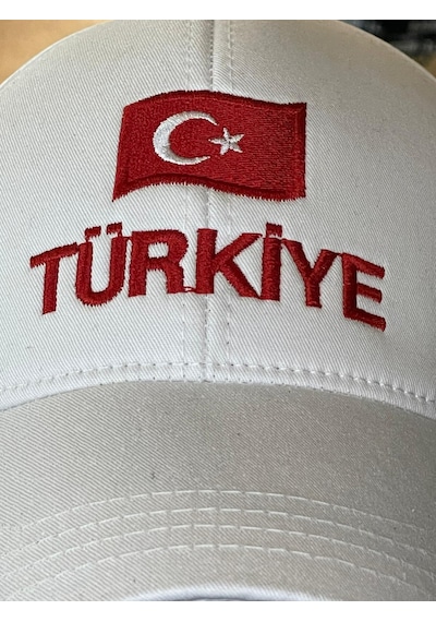 Hamze Türkiye Bayrak Nakış Pamuklu Unisex Cap Şapka Beyaz