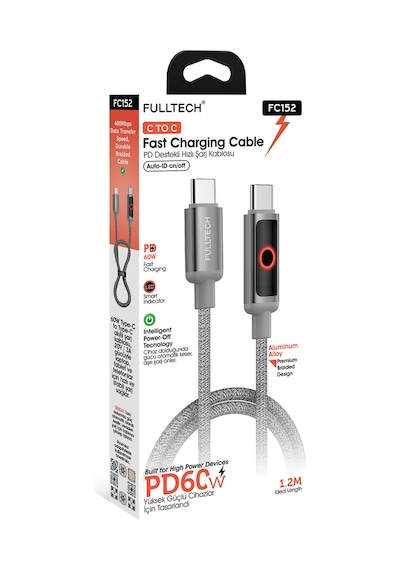 Fulltech Fc152 Type-c To Type-c Pd 60w Hızlı Şarj Kablosu 1.2m 480mbps Veri Transferi, Led Gösterg