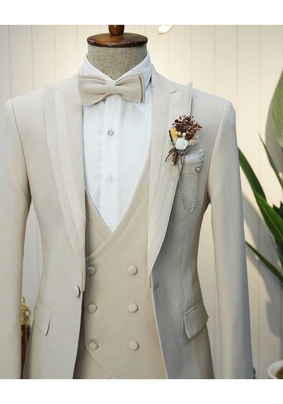 Bys Beystil Erkek Krem Slimfit Yelekli Damatlık & Smokin 20103