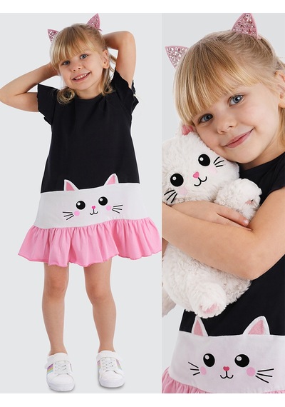 Beyaz Kedi Fırfırlı Kız Çocuk Siyah Yazlık Elbise