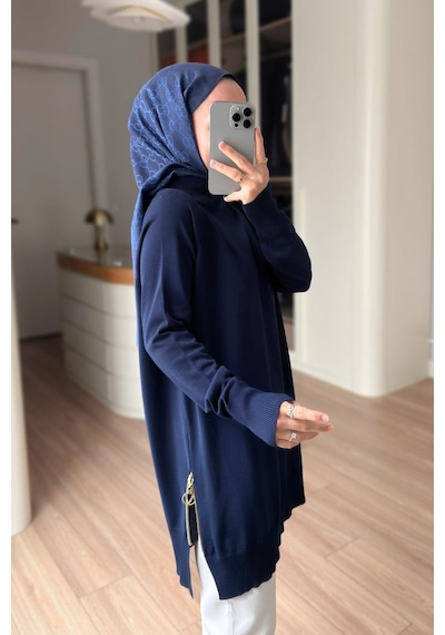 Kahijab Yan Fermuar Basic Merserize Tunik - Lacivert