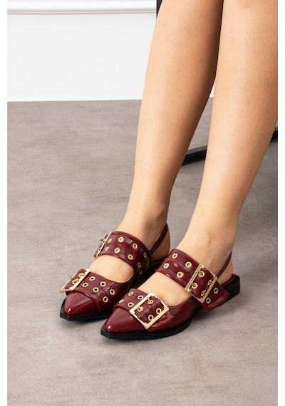 Shoetek Lowe Kadın Babet Çift Geniş Bantlı Tokalı Pimli Bordo Rugan Bordo