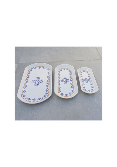 Ottoman 3 Boy Seramik Oval Kayık Kahvaltı Sunum Tabağı Seti Mavi