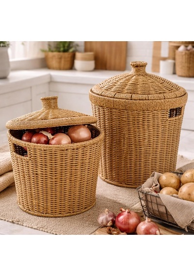 Ayrex Kapaklı Rattan Patates Soğan Saklama Sepeti 2'li Set Kiler/mutfak Organizer, Doğal Hasır Görünüm 27 2 Genel