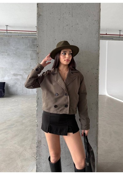 Meecy Kadın Viral Model Kısa Trençkot Haki Haki