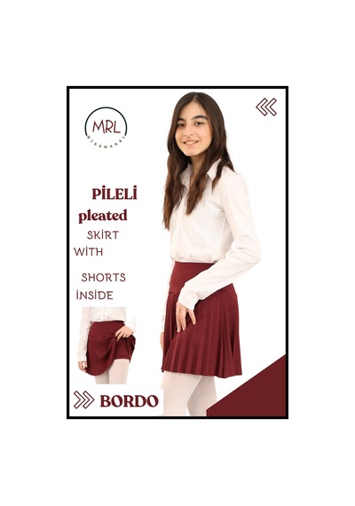 Kız Çocuk Pileli Etek Bordo Yüksek Bel İçi Şortlu Likra Kumaş Okul-oyun-spor-etkinlik Eteği 4103 Bordo