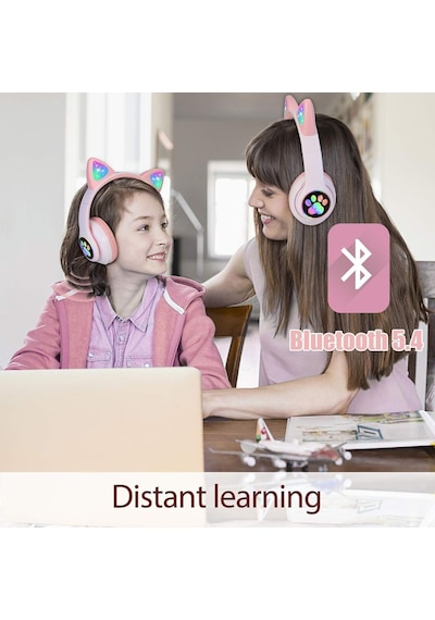 Led Işıklı Kedi Kulaklı Kablosuz Bluetooth Kulaklık Çocuklar İçin Katlanabilir, Derin Baslı Hifi Stereo, Tf Kart Ve Aux Girişli, Kız/erkek Uyumlu