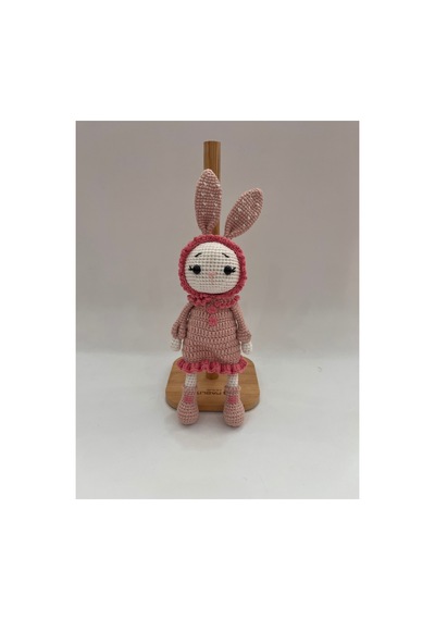 Amigurumi Örgü Tavşan Bebek Toz Pembe Elbiseli Şapkalı Sevimli Tavşan Oyuncak 26cm Toz Pembe