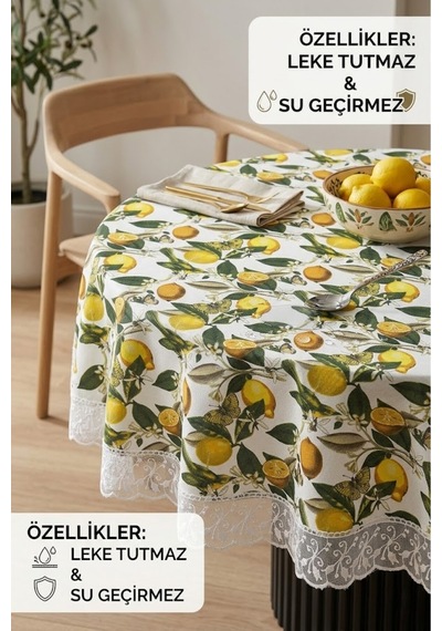 Yuvarlak Masa Örtüsü Leke Tutmaz Silinebilir Şık Dekoratif Modern Limon Desenli Dantel Kenarlı Sarı