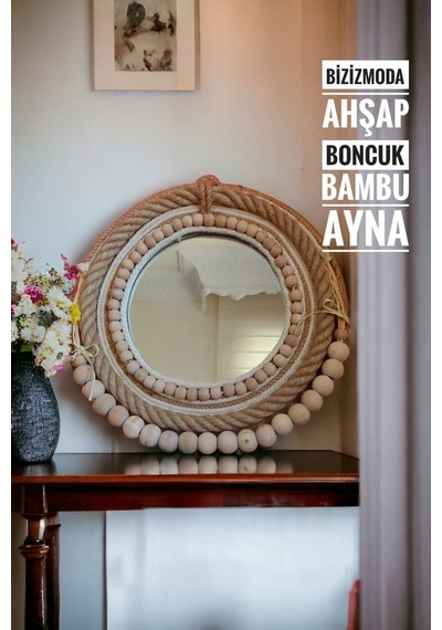 Ahşap Boncuklu Bambu Detayli Doğal Yapida El Yapimi Ayna Ahsap Doğal