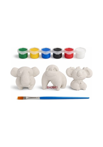 Ehobici Taş Boyama Seti Fil Goril Koala 6 Renk Akrilik Boya 5ml + Fırça