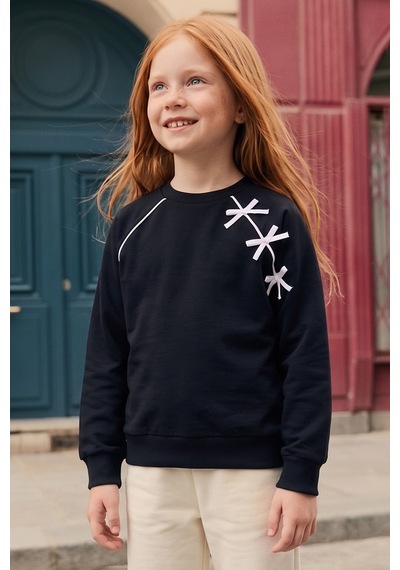 Fullamoda Fiyonk Nakışlı Biyeli Bisiklet Yaka Kız Çocuk Sweatshirt Siyah