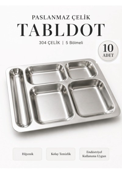 304 Çelik 5 Gözlü Tabldot Tabak Paslanmaz Çelik Self Servis Fabrika Okul Ev Hastane Kırılmaz Metal Servis Tabağı 10 Adet