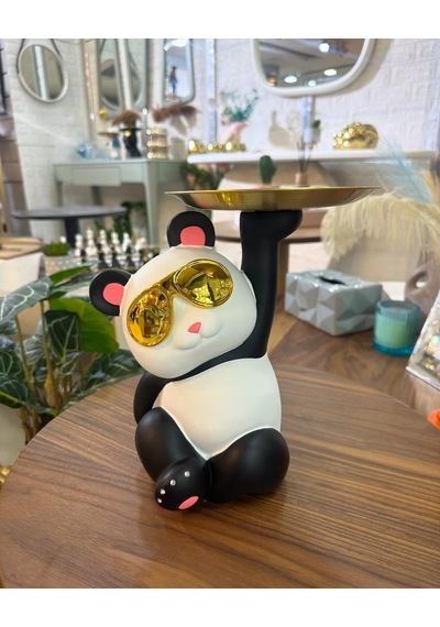 Lüks Gözlüklü Panda Anahtar Tepsisi Biblo Çok Amaçlı Sehpa Dekoru Takı Telefon Organizeri 27 Cm