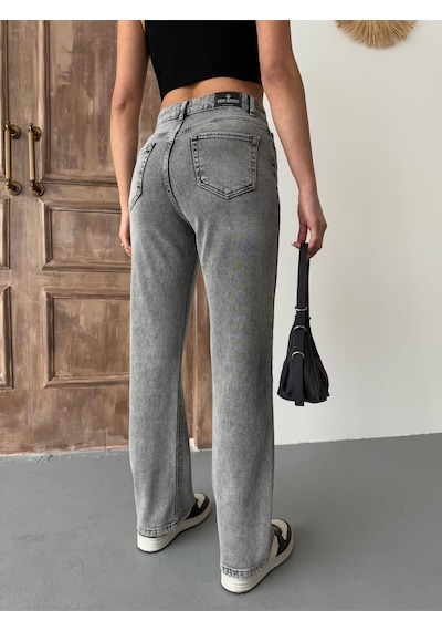 Kadın Straight Likralı Yüksek Bel Boru Paça Kot Pantolon Orta Füme Gri+ortafüme