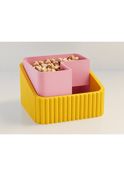 3d Baskı Fıstık Kasesi - Çift Hazneli Kabuk Ayırıcı Sunum Kasesi - Sarı Pembe Çok Renkli