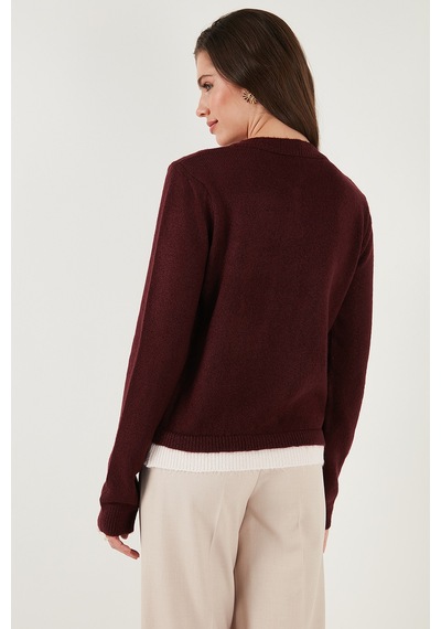 Lela Premium Tül Çiçek Detaylı Regular Fit Bisiklet Yaka Düğmeli Triko Bayan Hırka 680Hi002421 Bordo