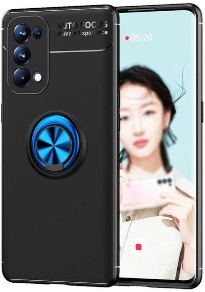 Noktaks - Oppo Reno 5 Pro 5g Uyumlu Kılıf Koruyucu Yüzüklü Karbon Ravel Silikon Kapak - Siyah-mavi - T16223