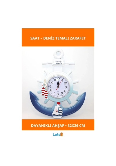 Ahşap Marin Dümenli Ve Çapa Tasarımlı Dekoratif Duvar Saati Çok Renkli