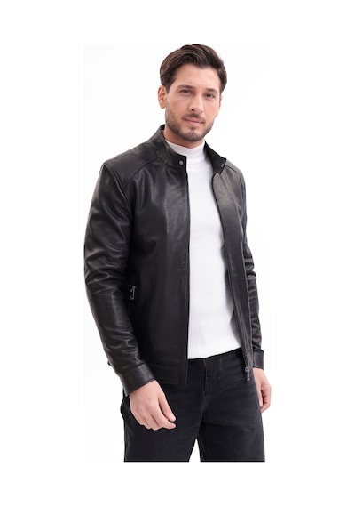 M M Marki Marki Erkek Siyah Hakiki Deri Ceket Hakim Yaka, Fermuarlı, Astarlı, 67 Cm - 502622