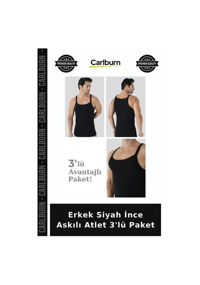 Carlburn Premium Erkek Siyah İnce Askılı Atlet 3'lü Paket Vücut Saran Düz Tasarım Hava Alan