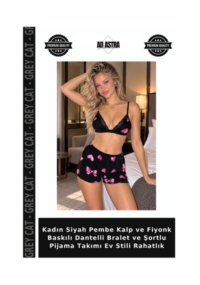 Grey Cat Kadın Siyah Pembe Kalp Ve Fiyonk Baskılı Dantelli Bralet Ve Şortlu Pijama Takımı Ev Stili Rahatlık Siyah - Pembe