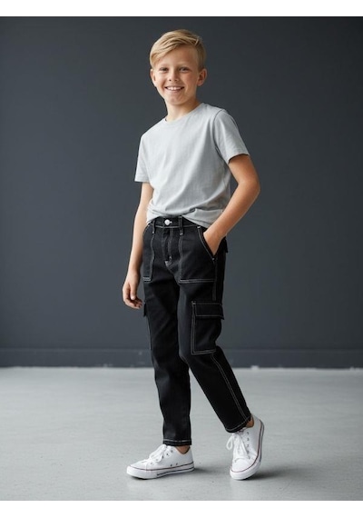 Zekids Çocuk Kargo Cepli Kontrast Dikişli Geniş Paça Pantolon-16618 Siyah Zekids Çocuk Kargo Cepli Kontrast Dikişli Geniş Paça Pantolon-16618 Siyah