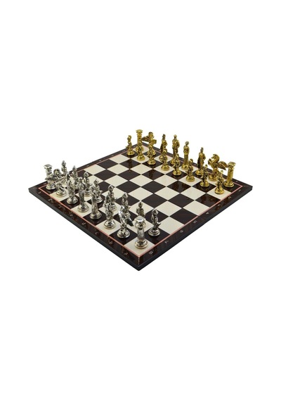 Gifthome Battal Boy Metal Pegasus Satranç Takımı Parlak Ve Katlanır Ceviz Desenli Mdf Satranç Tahtası 43x43 Cm.