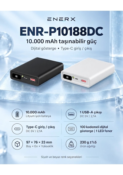 ENERX Enr-p10188dc 10000 Mah 2.1 Amper Dijital Göstergeli Powerbank Siyah