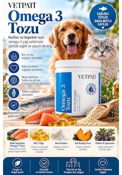 Vetpati Omega 3 Tozu Kedi Ve Köpekler İçin Balık Yağı Epa Dha Deri Tüy Eklem Ve Bağışıklık Desteği