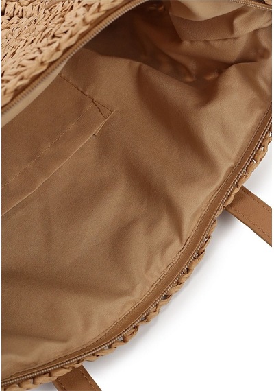 Deri Saplı Fermuarlı İç Cepli Kare Örgü Yazlık Sahil Plaj Beachwear Hasır Örgü İthal Çanta Camel