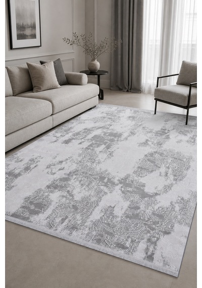 Ayraç Soyut Gri/beyaz Robot Süpürge Uyumlu Salon Halısı