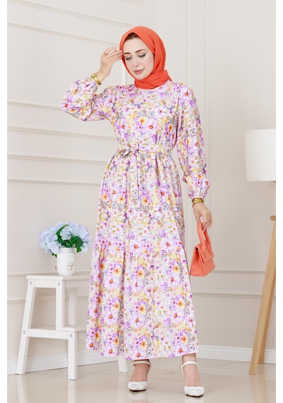 Sevitli Çiçekli Kumsal Elbise-lila-5243 Lila