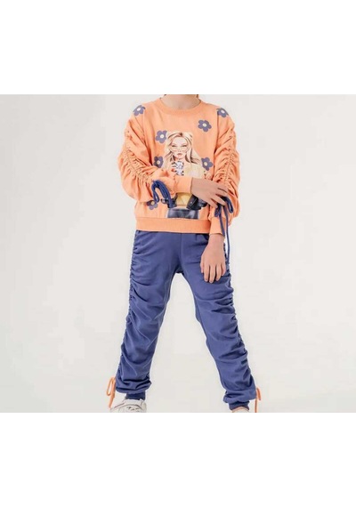 Kız Çocuk Rahat Kesim Sweatshirt Ve Büzgülü Jogger Takım Somon&Lila