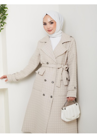 Hb Harma Time Butik Kadın Örme Kapitone Kuşaklı Düğmeli Vizon Trenç