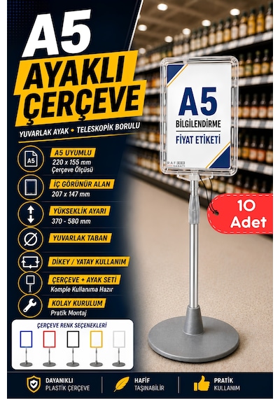 10 Adet - A5 Ayaklı Menü Ve Fiyat Bilgi Standı Yuvarlak Tabanlı Teleskopik Çerçeve Etiketlik Şeffaf