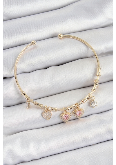Pirinç Zirkon Taşlı Pembe Kalp Model Gold Renk Charm Bileklik Renkli
