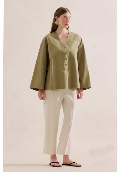 Manuka Poplin Geniş Kol V Yaka Gömlek Haki Ss26gml00023-025-9139