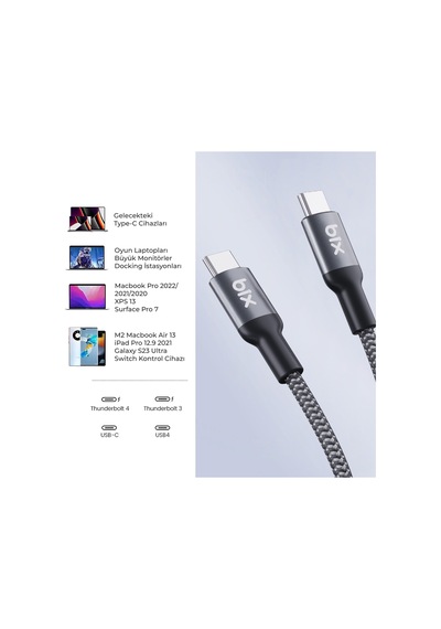 Bix BXCC242 USB4 240W 40Gbps 8K UHD Şarj Görüntü Kablosu 1 Metre