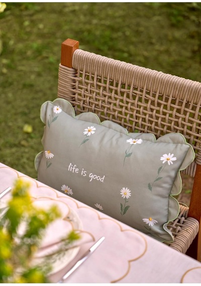 Daisy Scallop Kenar Boncuklu Dekoratif Yastık Kılıfı, 35x50 Cm, Yeşil Genel