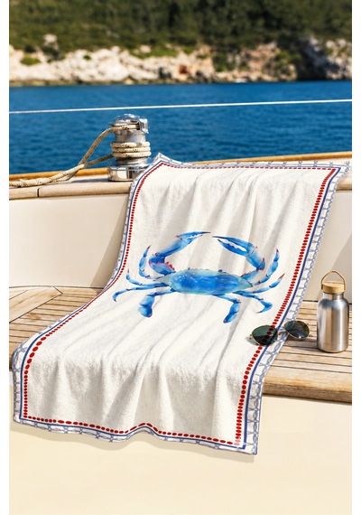 Yengeç Temalı Marine Plaj Havlusu-akdeniz Stili Mavi Krem Havuz Deniz Hızlı Kuruyan Mikrofiber Havlu Eski Zambak