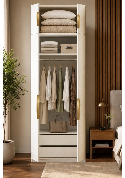 Gama 4 Kapaklı Çekmeceli+ Ek Modüllü Tasarım Kulplu 253 Cm Gardırop Elbise Dolabı Beyaz
